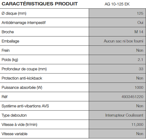 AG10125EK MEULEUSE 125mm 1000w - Milwaukee
